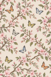 Cherry Blossom Branches Wallpaper Butterflies On Beige design