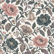 Peony And Berry Vines Wallpaper Cream Pink Teal design