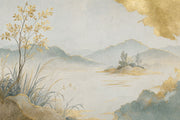 Misty Mountain Lake Tree Wallpaper Mural, Light Cream Watercolor With Gold Leaf design