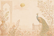 Peacock And Ornate Vase Wallpaper Mural Light Beige Chinoiserie design