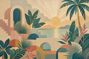 Tropical Sunset Archways Wallpaper Mural: Teal And Terracotta Retro design