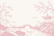 Sakura Garden With Pagoda Wallpaper Mural Cream Pink Chinoiserie design