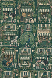 Whimsical Parisian Shops Wallpaper Dark Green Floral Vines design