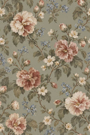 Pink And Cream Roses Wallpaper In Sage Green Vintage Inspired Botanical Pattern design