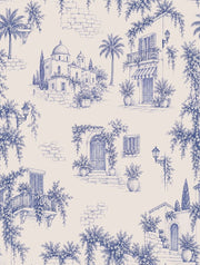 Mediterranean Village Facades Wallpaper Navy Toile On Cream design