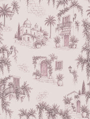 Mediterranean Village Facades Wallpaper Vintage Inspired Toile In Blush Pink design