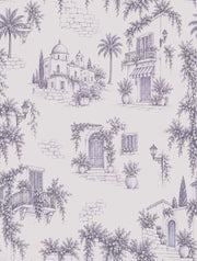 Mediterranean Town Sketch Wallpaper Lavender Gray Toile design
