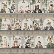 Dressed Up Animal Bar Scene Wallpaper Muted Green And Gray design