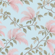 Pink Plume Blossoms Wallpaper Muted Green Leaves On Pastel Blue design
