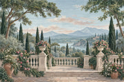 Tuscan Terrace Garden Wallpaper Mural, Vintage Inspired Mediterranean Landscape design