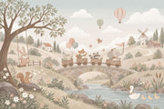 Woodland Animal Train Wallpaper Mural Pastel Watercolor Countryside design