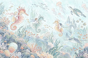 Seahorse Riding Kids Wallpaper Mural: Pastel Watercolor Underwater Castle design