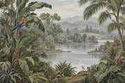 Tropical Birds And Jungle Lake Wallpaper Mural: Muted Green Botanical design