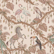 Flamingos And Jungle Animals Wallpaper Light Beige Whimsical Tropical design