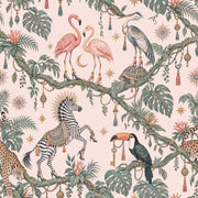 Whimsical Tropical Animals Wallpaper Pastel Pink, Maximalist Stars And Tassels design