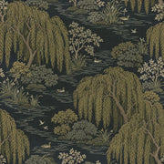 Willow Trees Wallpaper Dark Chinoiserie Pond With Ducks design