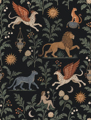 Griffin And Lion Wallpaper Vintage Inspired Botanical On Black Background design