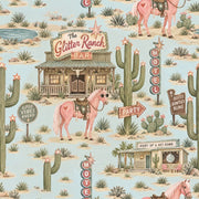 Pink Horses And Cactus Wallpaper Retro Ranch Scenes In Turquoise design