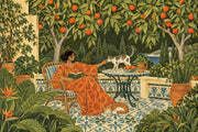 Mediterranean Terrace Woman And Cats Wallpaper Mural, Vintage Inspired Blue Tile Garden design