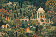 Mughal Garden Palace Wallpaper Mural Dark Green, Peacock And Pavilion Scene design