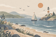 Sailboat And Lighthouse Coast Wallpaper Mural In Pastel Watercolor design