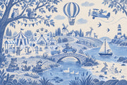 Woodland Animals Storybook Wallpaper Mural Blue Toile On Cream design