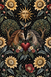Twin Horses And Sunflower Wallpaper Dark Floral Black And Gold design