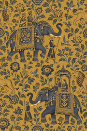 Royal Elephant Procession Wallpaper Gold Background Vintage Inspired Toile design