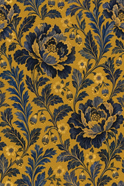 Peony Flowers Wallpaper Mustard Gold With Navy Leaves design