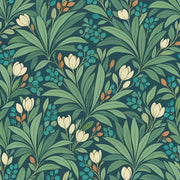 Tropical Leaves And Cream Flowers Wallpaper Muted Green Teal Berries design
