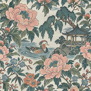 Peonies And Duck Wallpaper Chinoiserie Garden In Cream And Teal design