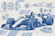 Formula Race Car Blueprint Wallpaper Mural: Navy And Blue Technical Drawing design