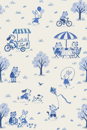 Playful Animal Park Scene Wallpaper Blue Toile On Ivory design