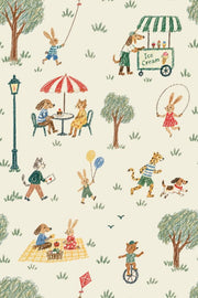 Playful Animal Park Wallpaper Cream Background Crayon Illustration design