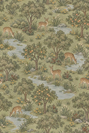 Spotted Deer Stream Wallpaper Vintage Inspired Green Scenic Landscape design