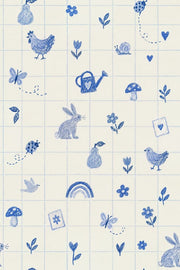 Blue Doodle Garden Animals Wallpaper Checkered Grid On Cream design