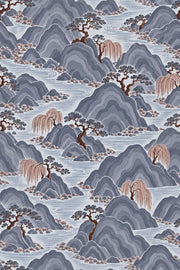 East Asian Mountains Wallpaper Gray Blue Chinoiserie Landscape design