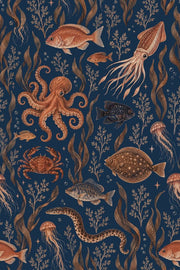 Octopus And Fish Wallpaper Vintage Inspired Ocean Pattern On Dark Navy design