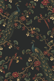 Peacock And Exotic Birds Wallpaper Dark Chinoiserie Floral design