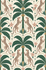 Pink Leopards And Palm Trees Wallpaper Art Deco Cream Background design