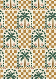 Tropical Palm Wallpaper Arched Tile Checkerboard In Cream Mustard And Green design