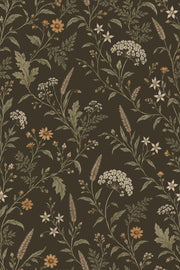 Wildflower Branches Wallpaper Dark Brown Vintage Inspired Botanical design
