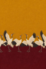 Red Crowned Cranes Wallpaper Gold And Burgundy Blocks design