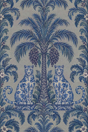 Palm Tree And Leopards Wallpaper Blue Toile On Linen Texture design