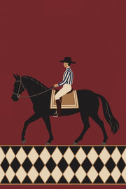 Horse Rider Wallpaper Burgundy Field With Geometric Border design