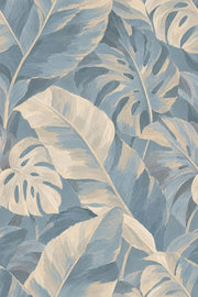 Layered Monstera Leaves Wallpaper In Dusty Blue And Cream design