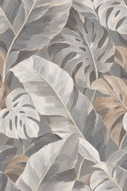 Monstera Tropical Leaves Wallpaper Neutral Gray Beige Painterly design