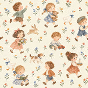 Watercolor Children And Animals Wallpaper Pastel Floral On Cream design