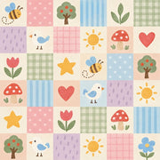 Bees And Birds Patchwork Wallpaper Pastel Watercolor Nursery Blocks design