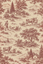 Pastoral Countryside Toile Wallpaper Burgundy On Cream design